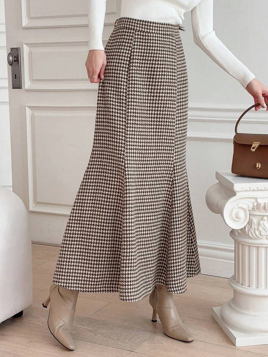 DAZY 女士优雅千鸟格长款A字裙 - 咖啡棕 - 查看 1