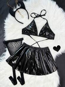 مجموعة أزياء تنكرية للنساء 4قطع (صدرية ، تنورة ، جوارب من الشبكة ، غطاء رأس) - الأسود - مشاهدة 1