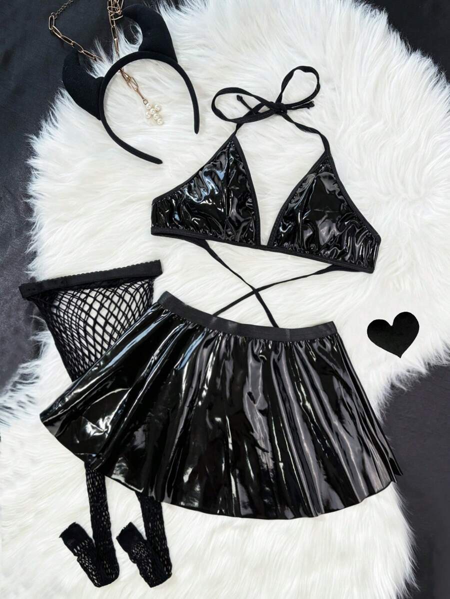 مجموعة أزياء تنكرية للنساء 4قطع (صدرية ، تنورة ، جوارب من الشبكة ، غطاء رأس) - الأسود - مشاهدة 1