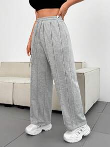 Flirla Calça de Moletom Folgada de Cintura com Cordão, Perna Larga, Plus Size - Cinza Claro - Visão 6