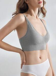 Women's Light Grey Plain Knitted Fabric Casual Medium Stretch Bralette Backless V-Neck Bralette - Light Grey - View 7
