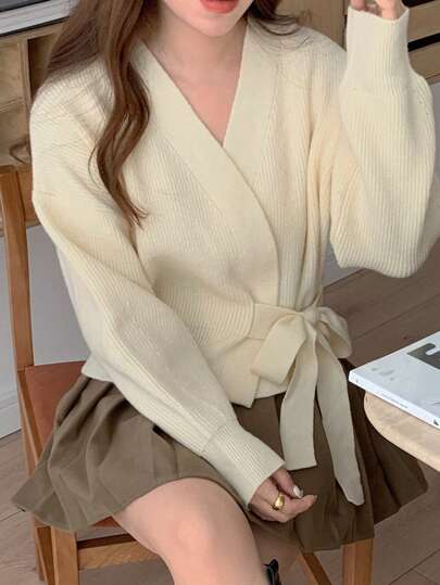 DAZY 女式米色长袖纽扣前开衫，带侧结，七分袖上衣，秋冬