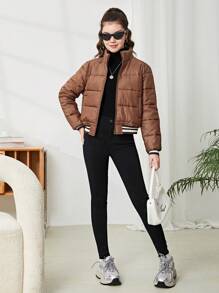 SHEIN Áo khoác đệm ngắn thường ngày màu tương phản cổ đứng có gân màu nâu cho bé gái tuổi teen - màu nâu - Xem 5