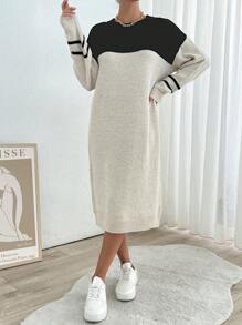 EURMUSE Autumn-Winter Casual Color Block Striped Knit Sweater Dress
