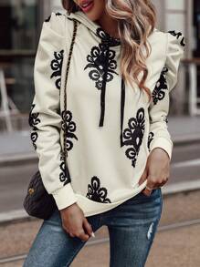 SHEIN LUNE 女士印花休闲抽绳连帽卫衣，春秋季套头衫 - 杏色 - 查看 3