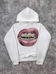 Manfinity ZONE917 Herren lässiger, modischer Street-Style Vintage kreatives Lippen-Muster weißer Strick-Fleece-Kapuzenpullover, grafischer Langarm-Hoodie, als Geschenk für Freunde, Ehemann, Freund, für Herbst und Winter