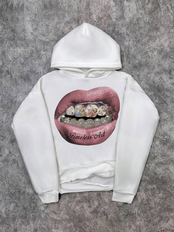 Manfinity ZONE917 Men's Loose Fashionable Street-Style Vintage Creative Lips Religious Angel Madonna Oil Painting Print White Knit Short Hooded Sweatshirt, Graphic Long Sleeve Hoodie, For Friends, Husband, Boyfriend Gifts
