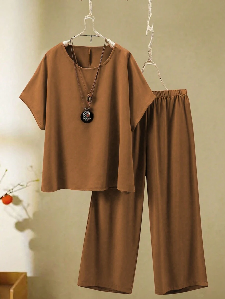 EMERY ROSE 2pcs Plus Size Casual Solid Color Batwing Sleeve Shirt And Pants Set - Coffee Brown - View 1