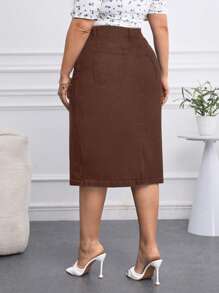 EMERY ROSE Plus Size Casual Solid Color Straight Stretch Denim Skirt - Coffee Brown - View 2