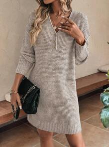 EMERY ROSE Váy len nữ có họa tiết bánh quế thông thường có nút cổ chữ V - Màu be - Xem 1