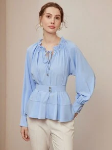 MOTF PREMIUM FRILL TIE NECK LANTERN SLEEVE FOLD PLEATED PEPLUM TOP - Blue - View 10