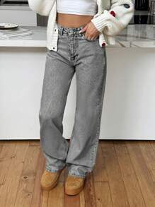 EURMUSE Women High Rise Zipper Fly Straight Leg Jeans - Light Grey - View 7