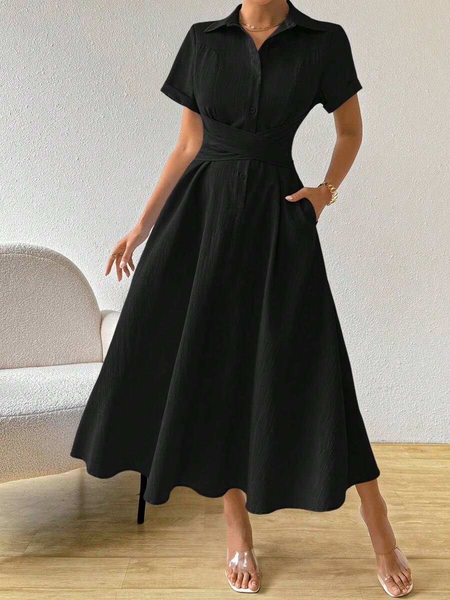 SHEIN Clasi Đầm Maxi Tay Ngắn Màu Trơn Đơn Giản Thường Ngày Có Thắt Lưng Cho Nữ - màu đen - Xem 1