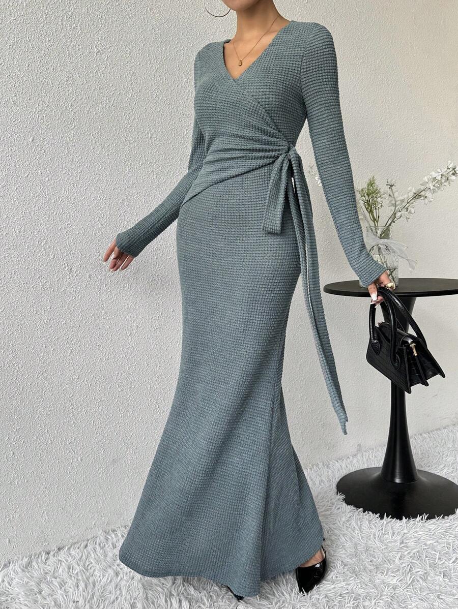 Modelyn Women's Solid Color Textured Surplice Wrap Side Fish-Tail Hem Dress - Blue - View 1