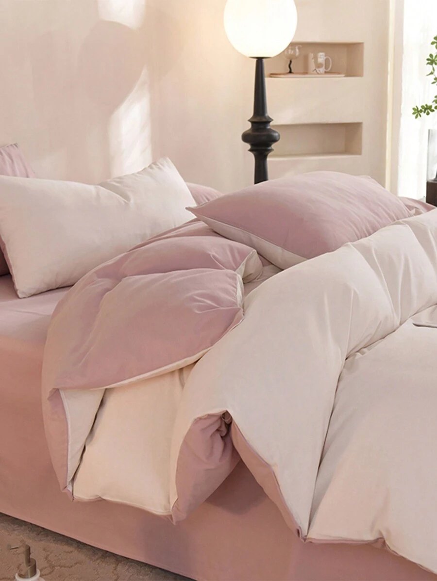 3pcs White And Pink Ultra-Soft Dorm Bedding Set, 1 Duvet Cover, 2 Pillowcases, No Fill, Machine Washable - White - View 1