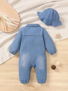 Baby Boys Casual Blue Denim Woven With Cartoon Animal Print Long Sleeve Jumpsuit, Comfortable All-In-One Piece Outfit For Fall/Winter