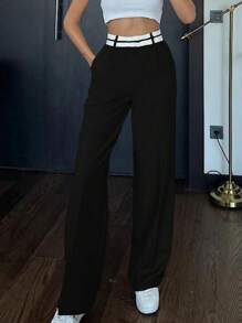 EURMUSE Contrast Waist Wide Leg Suit Pants - Black - View 3