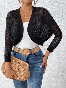 SHEIN VCAY Pointelle Knit Drop Shoulder Duster Cardigan - Black - View 5