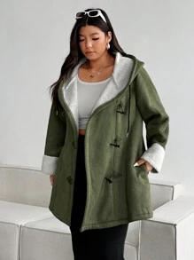 Flirla Faux Horn Button Fuzzy Hooded Coat In Plus Size - Army Green - View 4