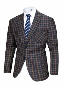 Manfinity Mode Plus Size Men's Fall Plaid Turndown Collar Pocket Single Breasted Suit Jacket