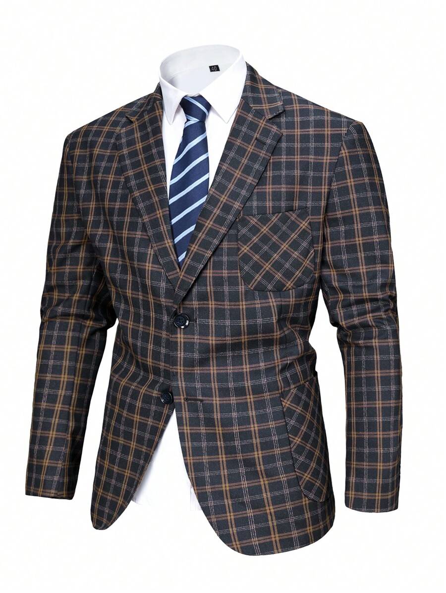 Manfinity Mode Plus Size Men's Fall Plaid Turndown Collar Pocket Single Breasted Suit Jacket