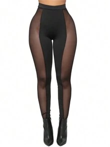 Damskie wysokiej jakości solidne czarne siateczkowe kontrastowe prześwitujące seksowne wygodne obcisłe obcisłe spodnie, odpowiednie na wiosnę/lato/jesień