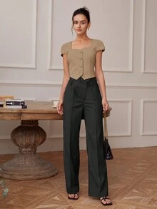 Women's Summer Casual Minimalist Front Button Crop Top, Wide Collar - Brown - View 5
