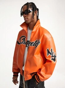 Manfinity VCAY 男士 PU 皮革宽松长袖夹克，外出图案夹克，适合朋友、丈夫、男朋友的礼物 - 橘色 - 查看 4