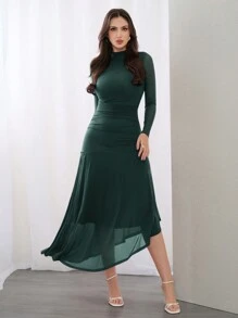 Modelyn 女士纯色立领不对称下摆连衣裙，春夏，优雅晚会礼服 - 墨綠色 - 查看 7