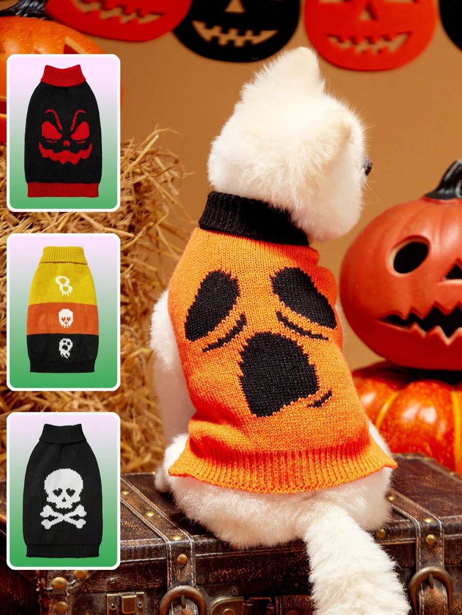 PETSIN 1pc Pet Halloween Frightening Expression Orange Black Color Blocking Warm Cozy Dog Sweater - Multicolor - View 1