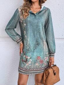 EMERY ROSE Green Floral Print Fall Women Dresses Dress With Sleeves Women's Mini Dress - Multicolor - View 3