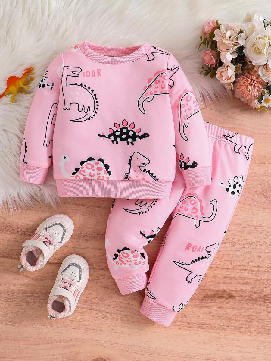 Bộ 2 món/Bộ đồ thể thao thường ngày in hình khủng long dễ thương cho bé gái, Thu/Đông - Hồng - Xem 1