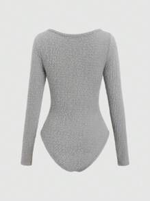 SHEIN Unity Women's Solid Color Square Collar Long Sleeve Casual Bodysuit, Spring Autumn Fall Cloth For Women - Grey - View 3