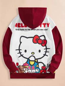 HELLO KITTY AND FRIENDS | SHEIN 1 pieza Sudadera con capucha holgada de punto con bloqueo de color y gráfico de dibujos animados, con cordón para hombre - Blanco - Ver 1