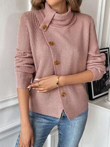 SHEIN LUNE Suéter de manga larga de unicolor, cuello alto y abotonado por delante