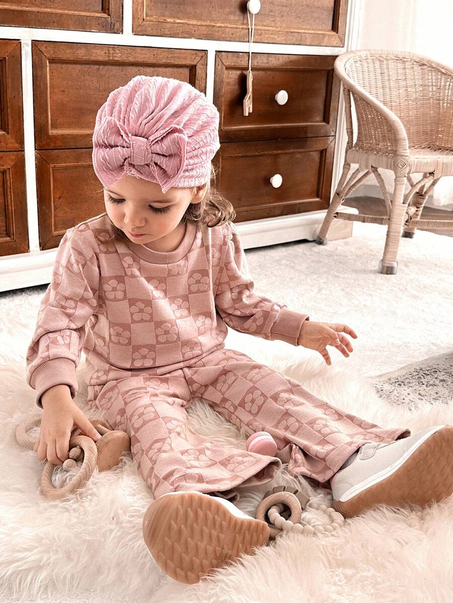 SHEIN 2 件套女婴花卉提花长袖上衣和裤子套装，春秋 - 粉色 - 查看 1