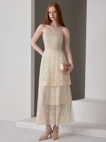 SHEIN Belle Women's Elegant Party Sexy Lace Splicing Multi-Layered Lace Strapless Wedding Dress, Solid Color Elegant Long Gown Women's Wedding Prom A-Line Dress Dress