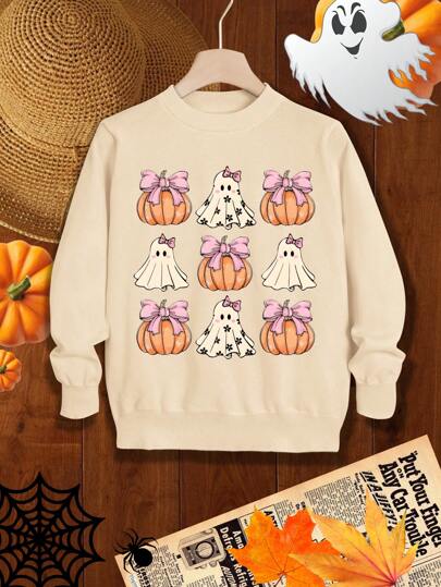 Tween 女童休闲鬼魂印花针织毛衣，粉色，秋季长袖上衣