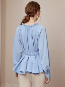 MOTF PREMIUM FRILL TIE NECK LANTERN SLEEVE FOLD PLEATED PEPLUM TOP - Blue - View 3