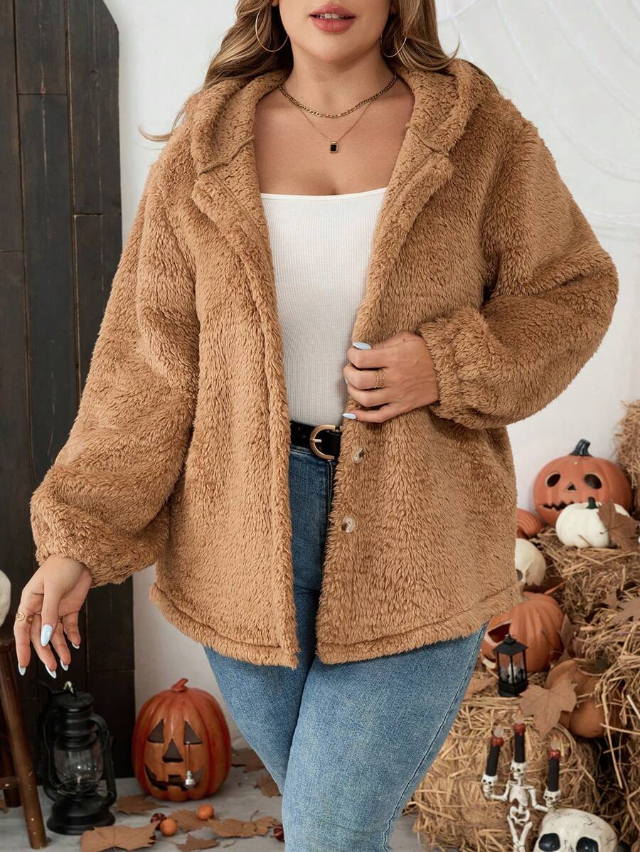 SHEIN LUNE 大码秋冬装连帽长袖前开休闲宽松时尚潮流万圣节夹克/秋季女装/长袖女士/冬季冬装连帽衫 - 薑色 - 查看 1