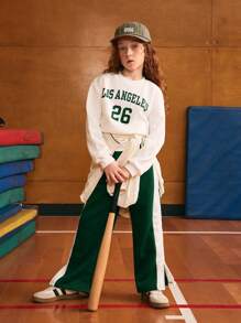 SHEIN Explorewe 2 件 Tween Girl 数码印花连帽衫和拼色阔腿运动裤套装，街头休闲风格 - 玫紅色 - 查看 5