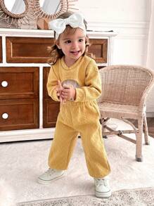 SHEIN Babygirl 3pcs Set Texture Detail Yellow Top, Fashionable Outfit For Outings In Autumn - Ginger - View 4