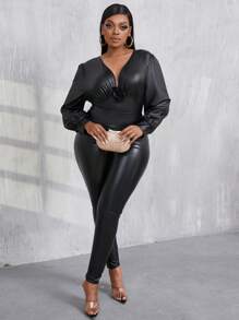 Maweii Plus Size Solid Color Long Sleeve 3D Floral Decor Ruched Fitted Bodysuit - Black - View 4