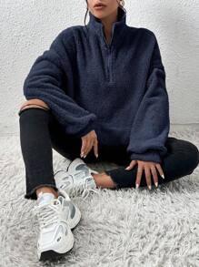 SHEIN Frenchy Schlicht-Frontreißverschluss Langarm Basis Kapuzenpullover, Lässiger Alltagsvertrag, Langarm Oberteile - marineblau - Übersicht 1