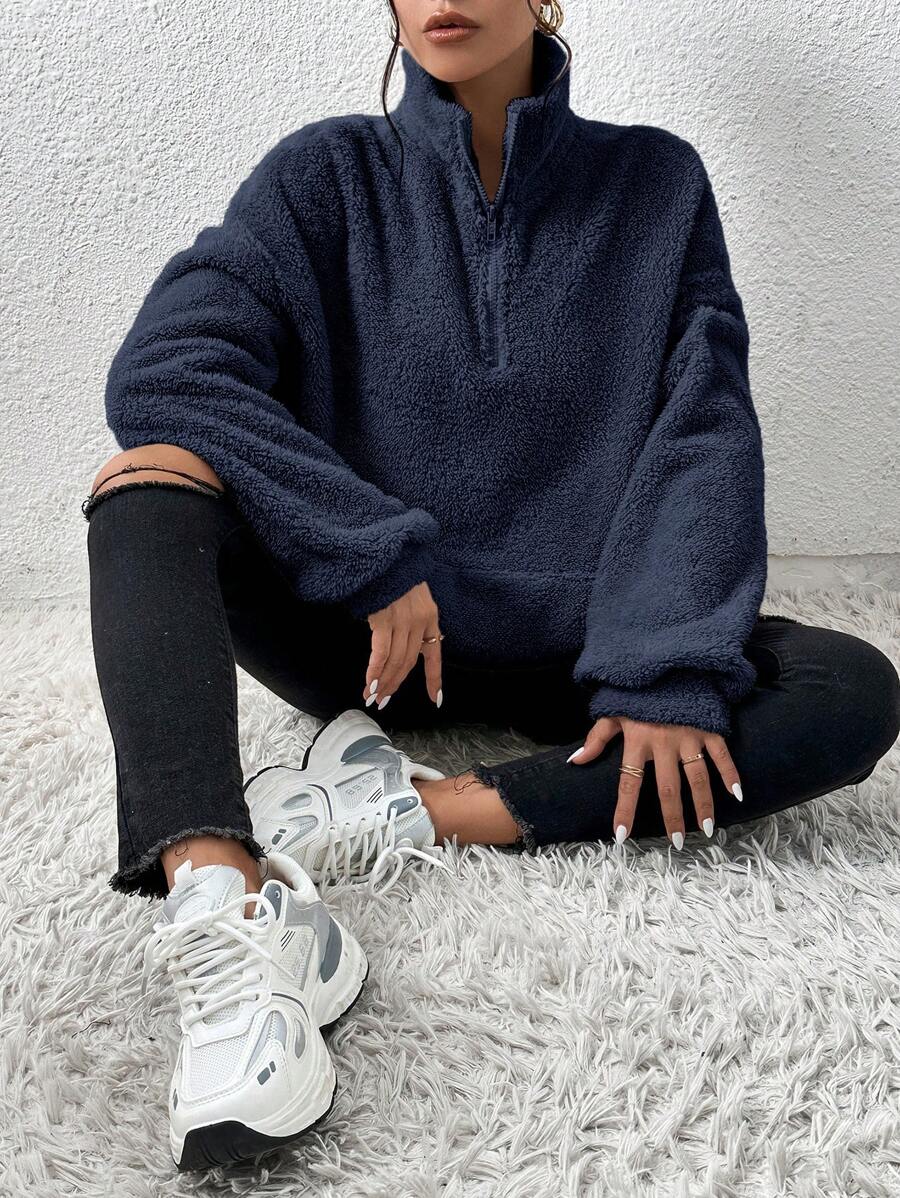 SHEIN Frenchy Plain Front Zip Up Long Sleeve Basic Hoodie, Casual Everyday Wear,Long Sleeve Tops Winter - Navy Blue - View 1