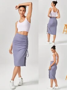 GLOWMODE FeatherFit™-Air Side Slit Adjustable Drawstring Ruched Midi Skirt Daily Casual Quick Dry Moisture Wicking - Mauve Purple - View 7