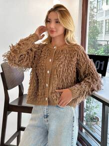 EURMUSE Women Fringe Detailed Button Front Elegant And Cool Cardigan - Camel - View 5