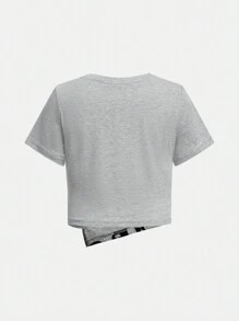 SHEIN Young Girl Casual Round Neck Short Sleeve Knit Sporty Top, Grey Graphic Tee