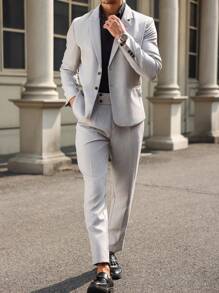 Manfinity Mode Men Solid Lapel Collar Single Breasted Placket Blazer & Seam Front Pants Suit Set - Grey - View 3