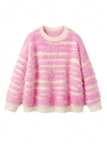 Flirla 大码圆领宽松拼色条纹毛衣，秋冬 - 粉色 - 查看 1
